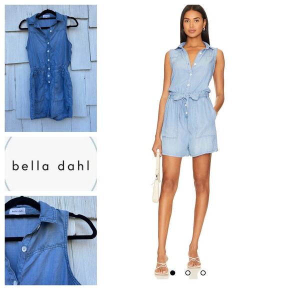 Bella Dahl Sleeveless Chambray Utility Romper Tencel Blue Button Down Size XS‎ - Picture 1 of 7